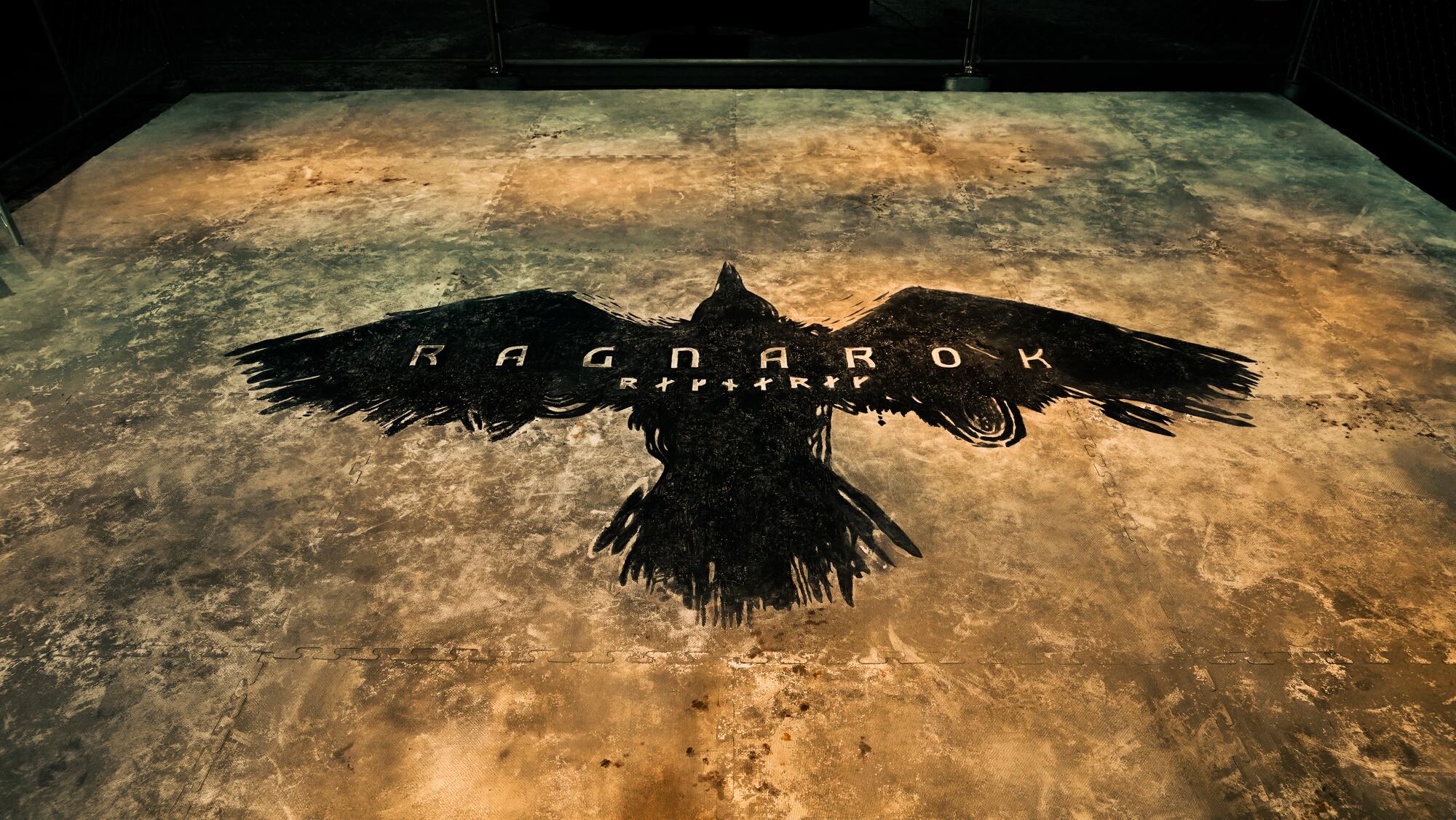 A raven and the word Ragnarok printed across the floor of the ring