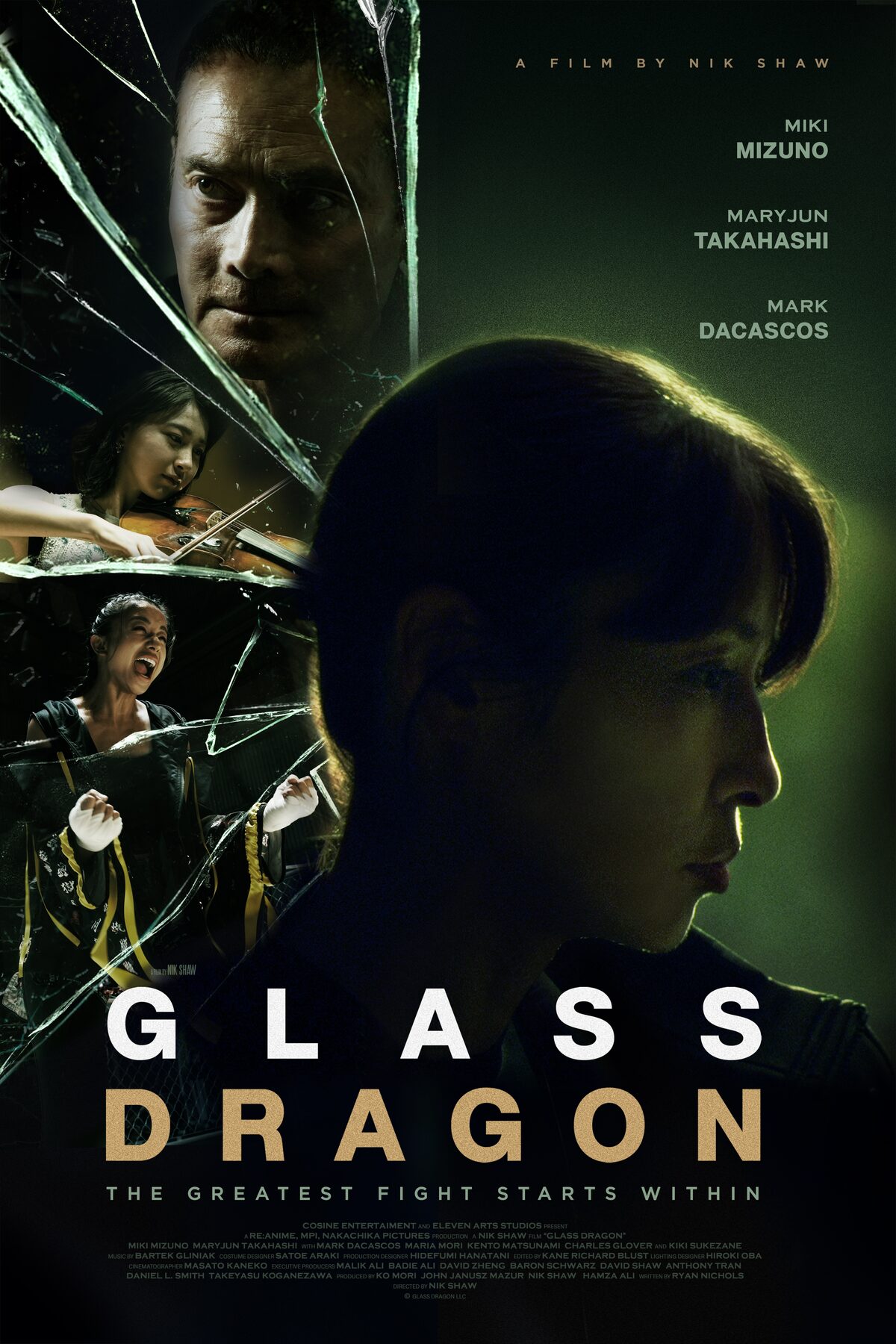 Glass Dragon key art: a woman in profile, with shards of glass holding a man, a violinist and a fighter
